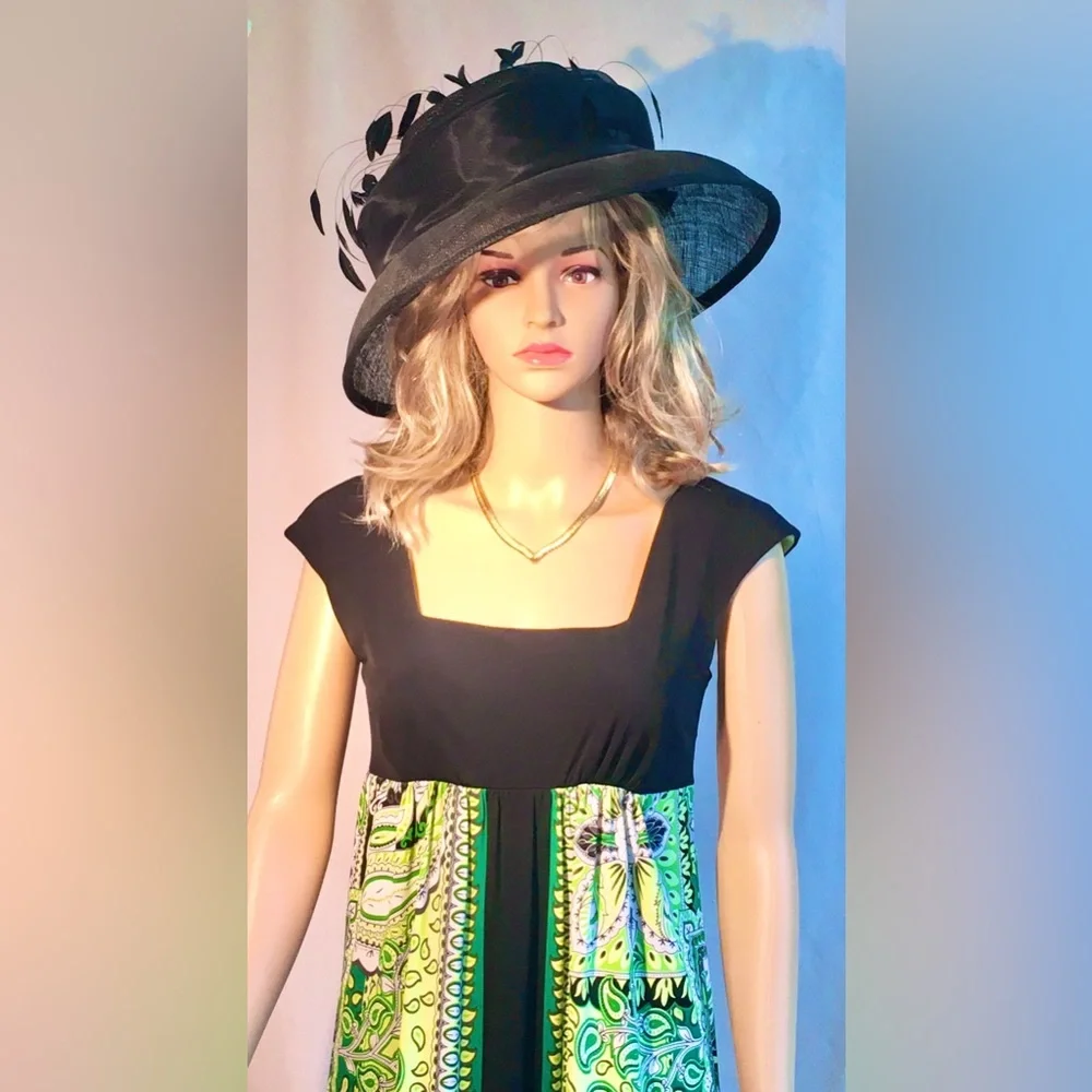 LONDON TIMES Black Green empire waist minidress Short sleeve Square neckline S6 - Picture 13 of 13